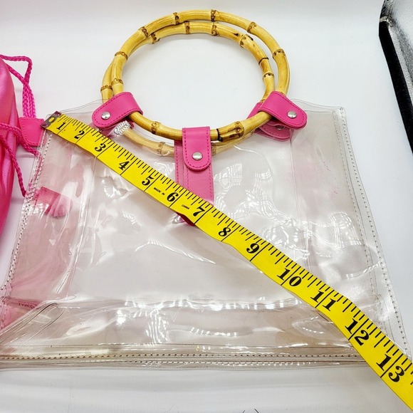 Lancome Transparent Round Bamboo Handle Handbag Tote Removable Pink Interior Bag - Picture 10 of 10